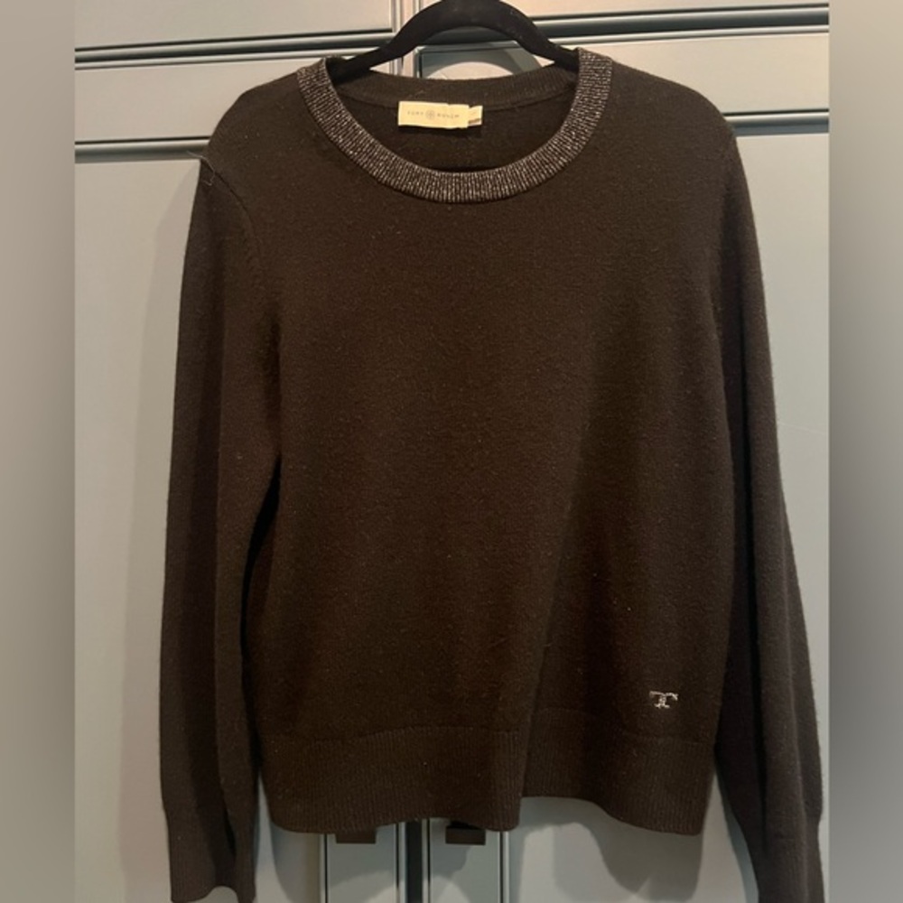 Tory Burch Cashmere Black w/ Silver Trim Crew Neck Sweater - L
